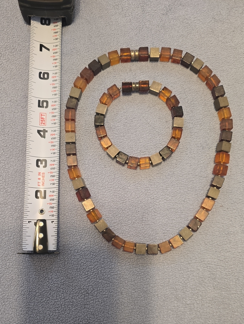 Beaded Amber & Metallic Cube Necklace and Bracelet Set With Magnet Closure